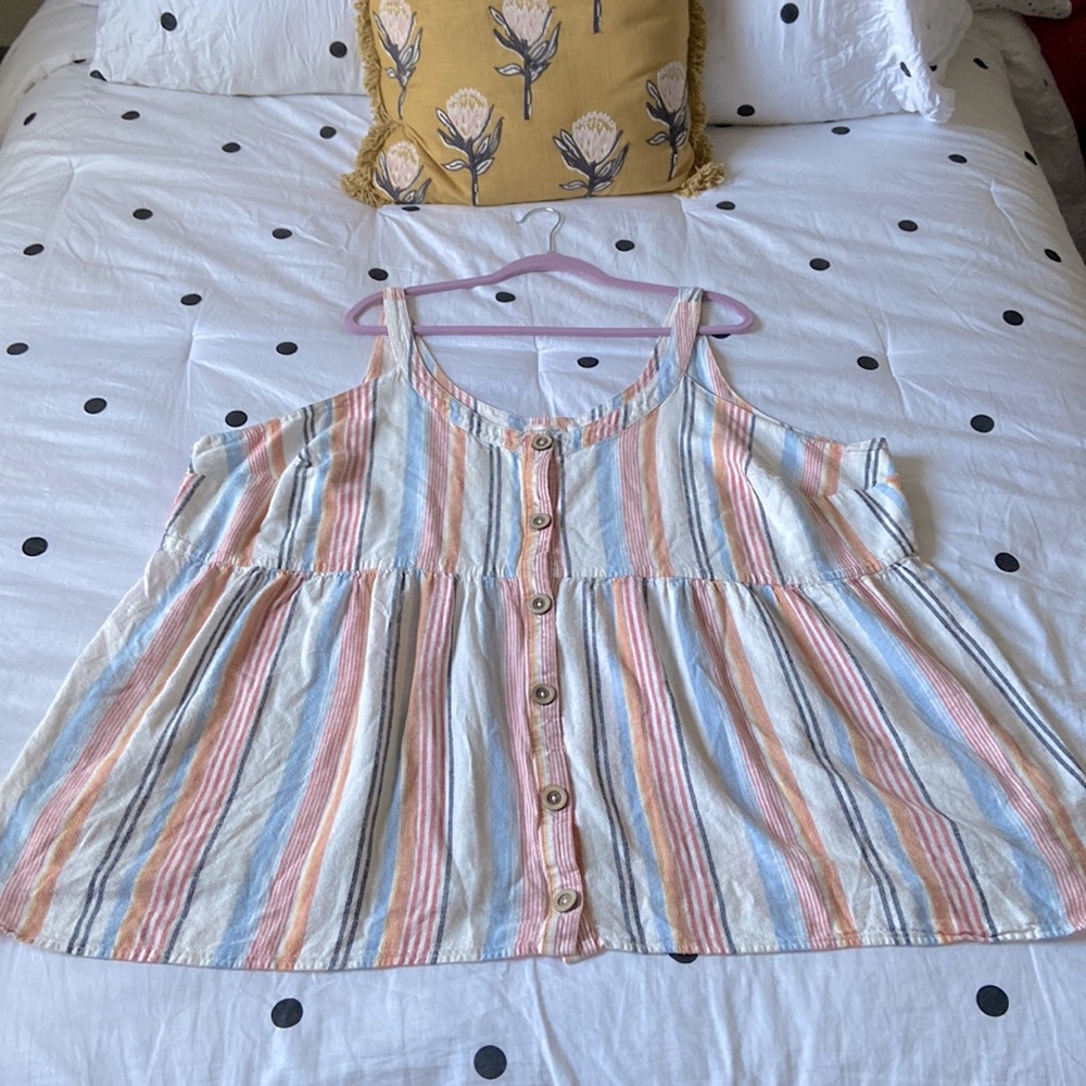 Terra & Sky 4X EUC babydoll tank white w/stripes in pink, grey, blue & orange